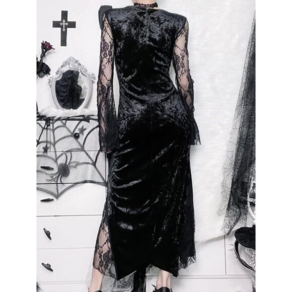 Contrast Lace Long Sleeve Split Dress Black Goth Vintage Dresses Clothes - Picture 3 of 8